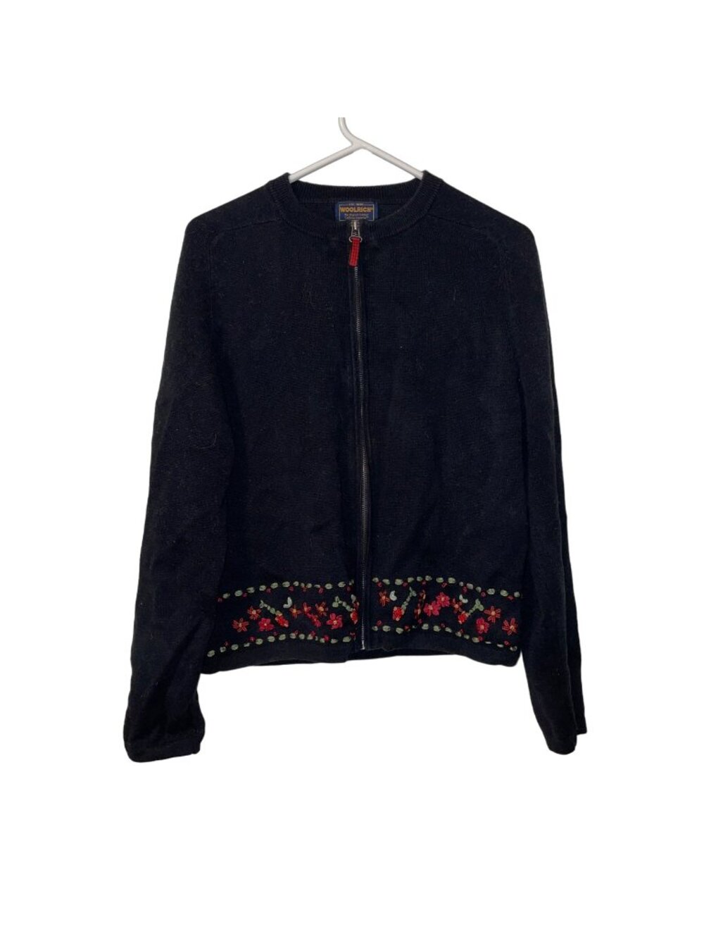 Woolrich Womens XL Black Zip-Up Sweater Floral Embroidery